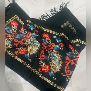 Jessica McClintock Black Paisley Embroidered Long Scarf Wrap Shawl Fringe New